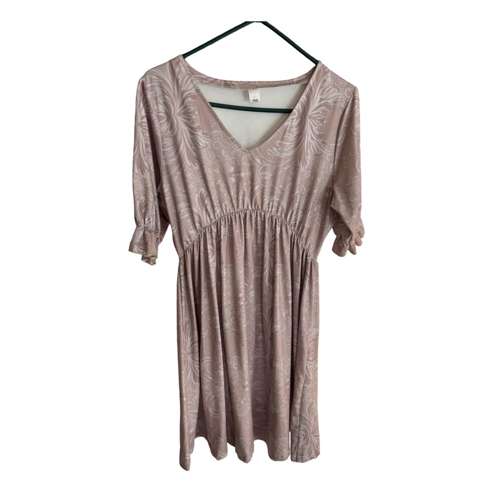 Women's Beige Paisley Boho Midi Dress - Elastic Waist, Short Sleeve Size Large